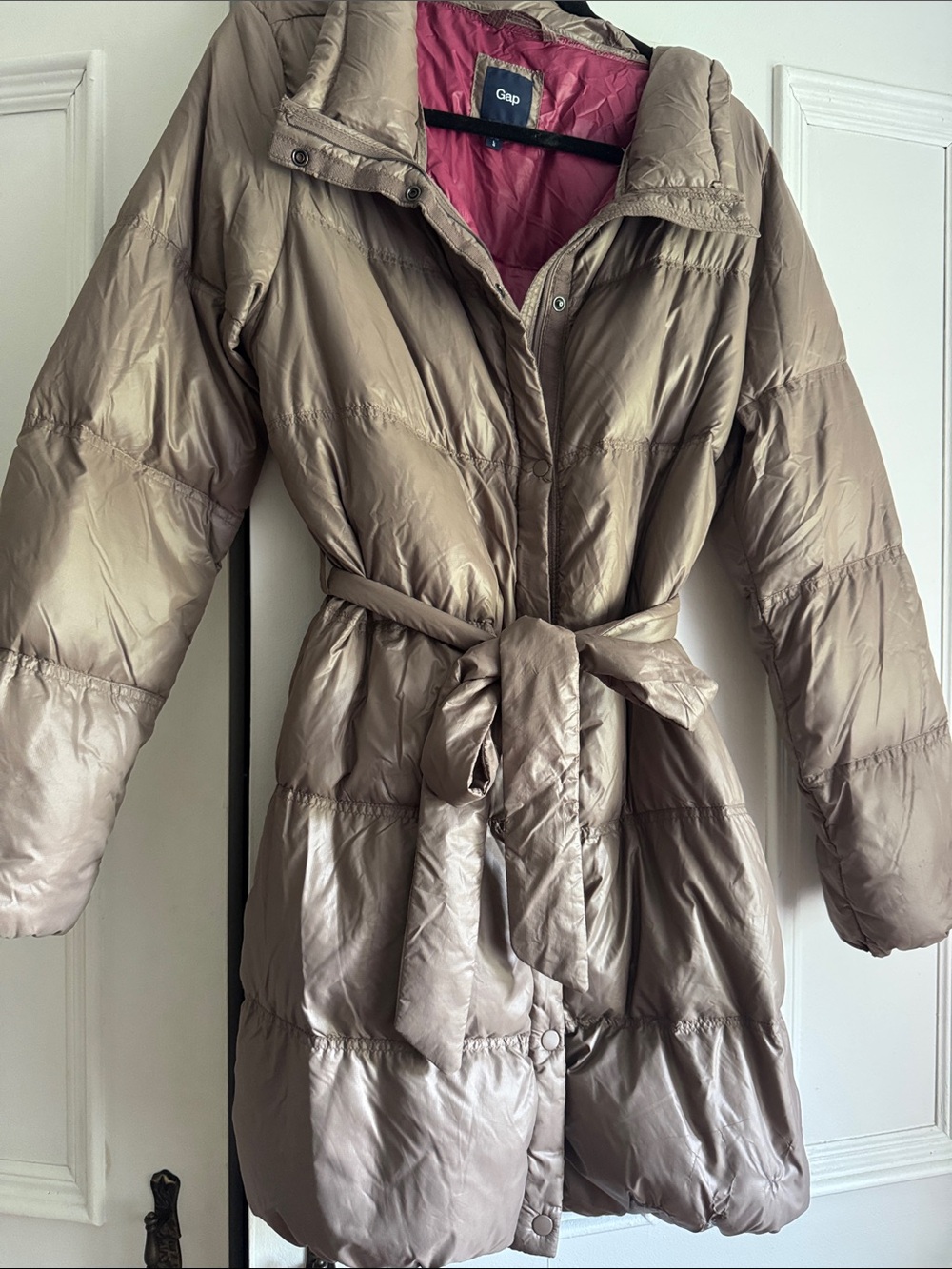 GAP Taupe Belted Puffer Coat with Pink Lining
